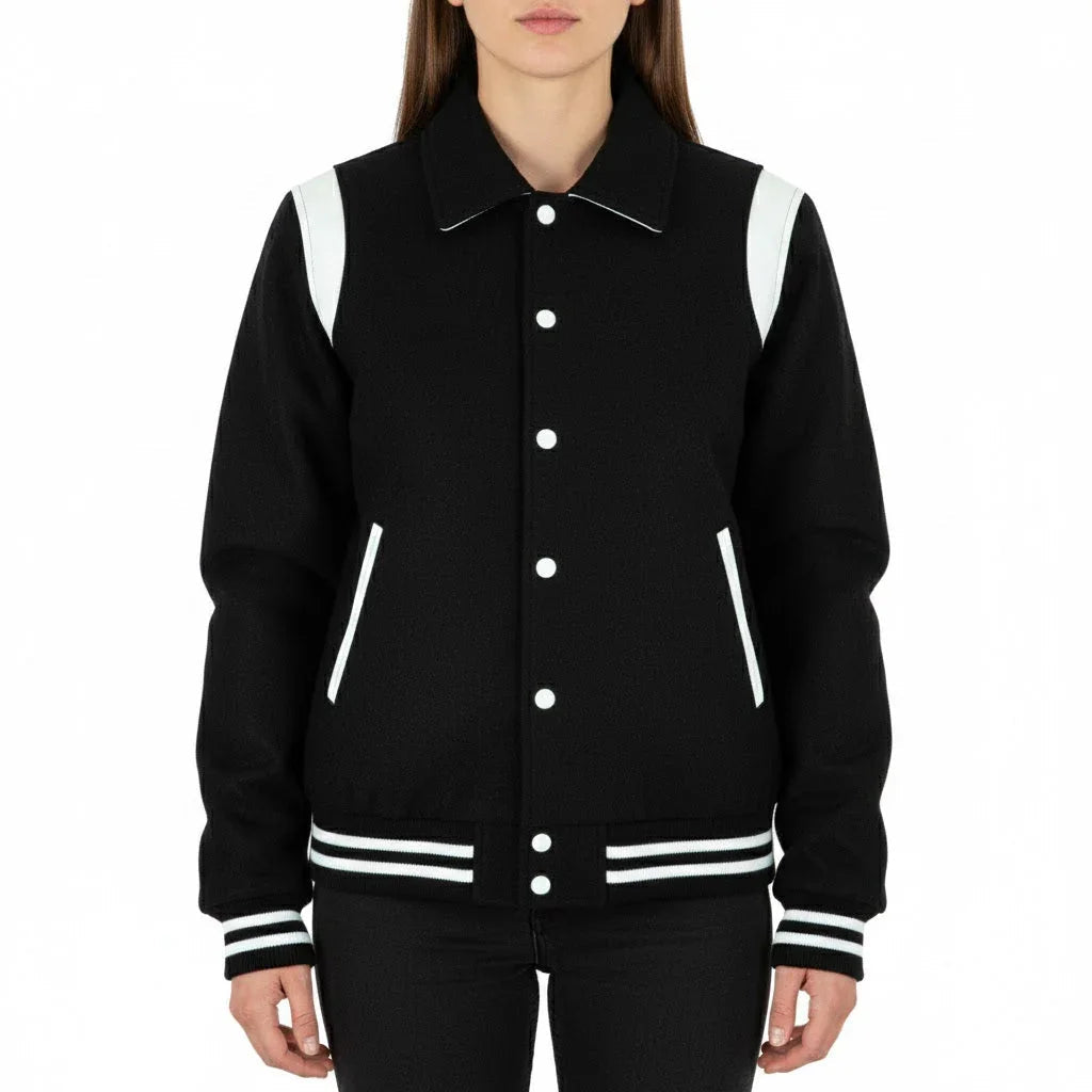 All Wool Women's Varsity Bomber Letterman Black Single White Leather Stripe Jacket