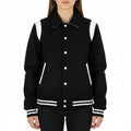 All Wool Women's Varsity Bomber Letterman Black Single White Leather Stripe Jacket