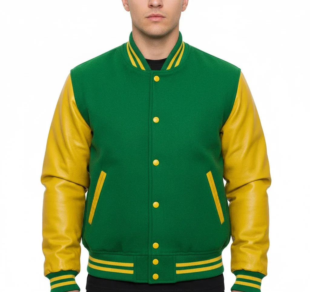 Varsity Bomber Letterman Green Wool & Yellow Real Leather Sleeves Jacket