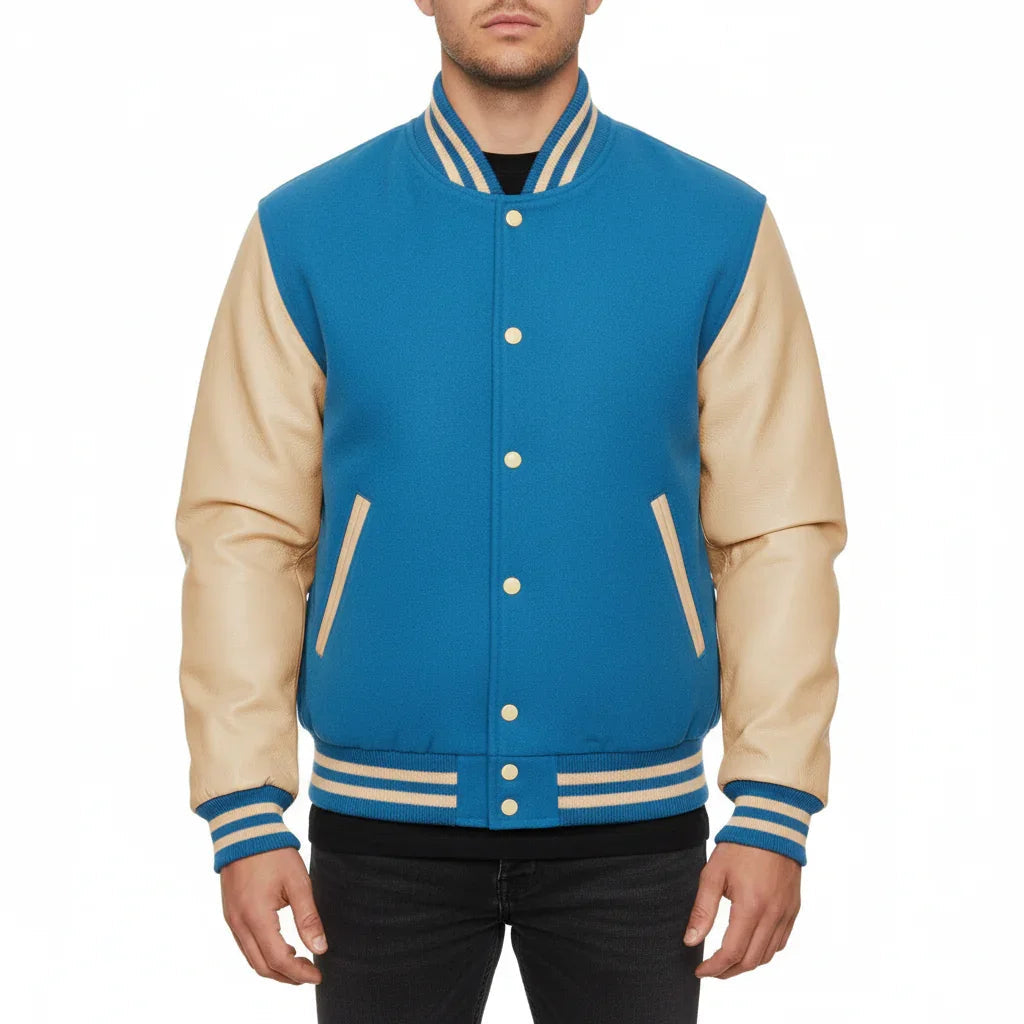 Varsity Bomber Letterman Sky Wool & Cream Real Leather Sleeves Jacket