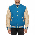 Varsity Bomber Letterman Sky Wool & Cream Real Leather Sleeves Jacket