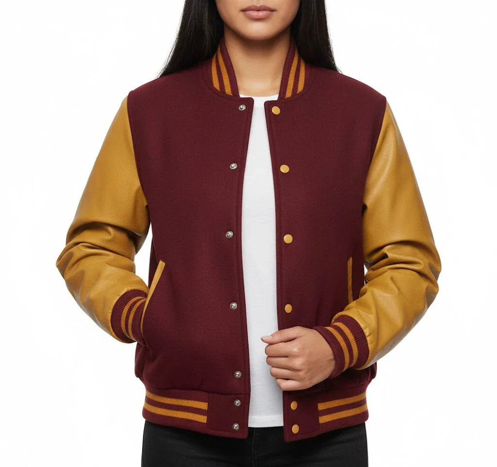 Women's Varsity Bomber Letterman Maroon Wool & Gold Real Leather Sleeves Jacket