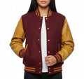 Women's Varsity Bomber Letterman Maroon Wool & Gold Real Leather Sleeves Jacket