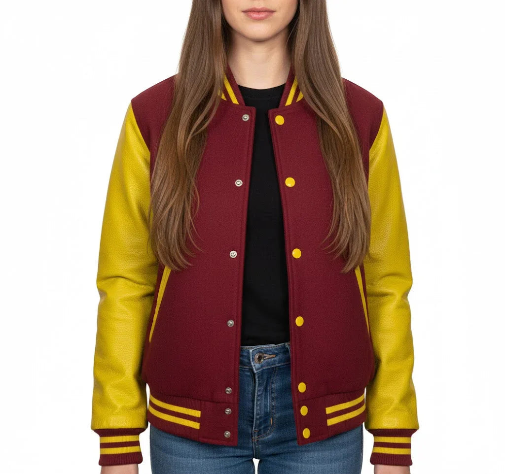 Women's Varsity Bomber Letterman Maroon Wool & Yellow Real Leather Sleeves Jacket