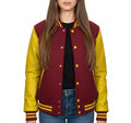 Women's Varsity Bomber Letterman Maroon Wool & Yellow Real Leather Sleeves Jacket
