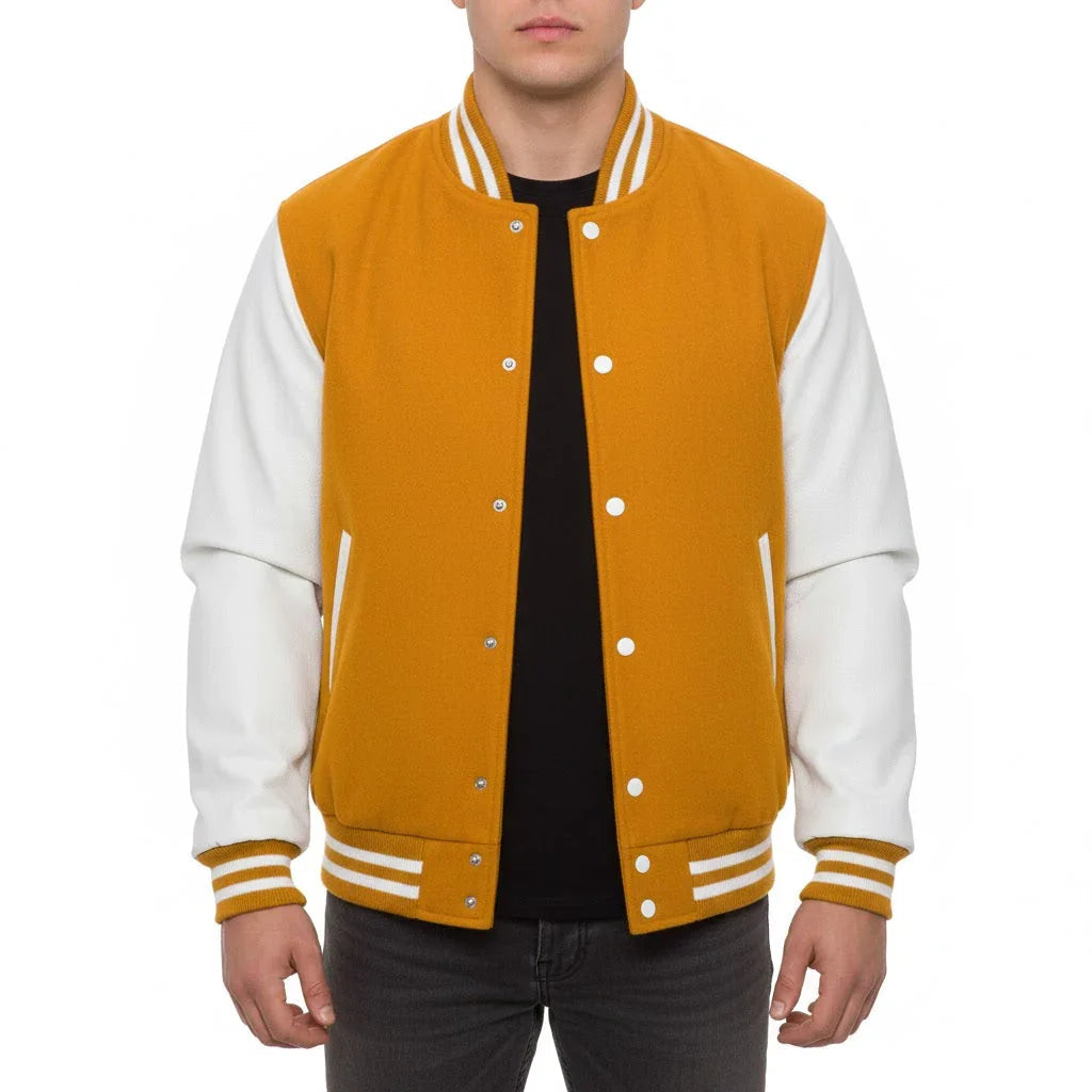 Varsity Bomber Letterman Yellow Wool & White Real Leather Sleeves Jacket