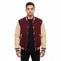 Varsity Bomber Letterman Maroon Wool & Cream Real Leather Sleeves Jacket