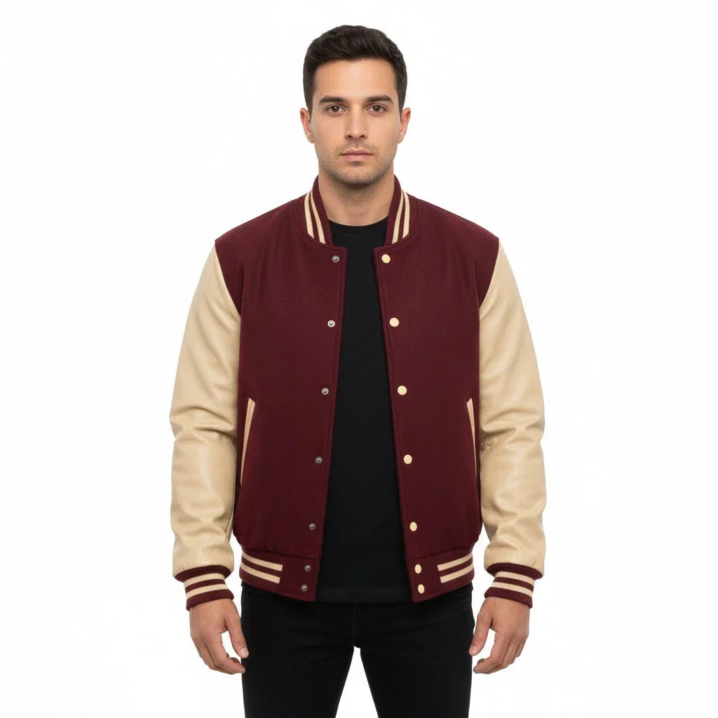 Varsity Bomber Letterman Maroon Wool & Cream Real Leather Sleeves Jacket