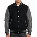 Varsity Bomber Letterman Black Wool & Gray Real Leather Sleeves Jacket