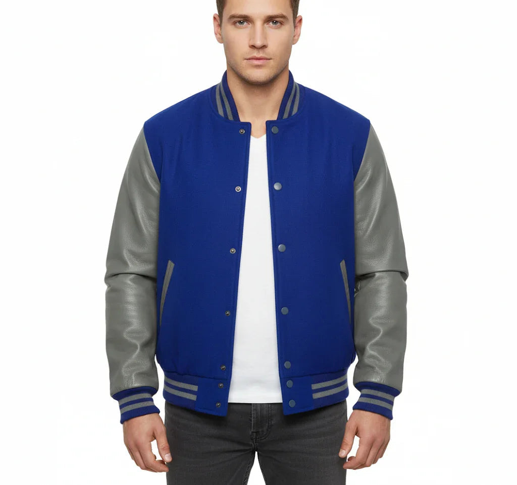 Varsity Bomber Letterman Royal Blue Wool & Gray Real Leather Sleeves Jacket