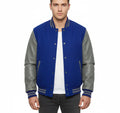 Varsity Bomber Letterman Royal Blue Wool & Gray Real Leather Sleeves Jacket