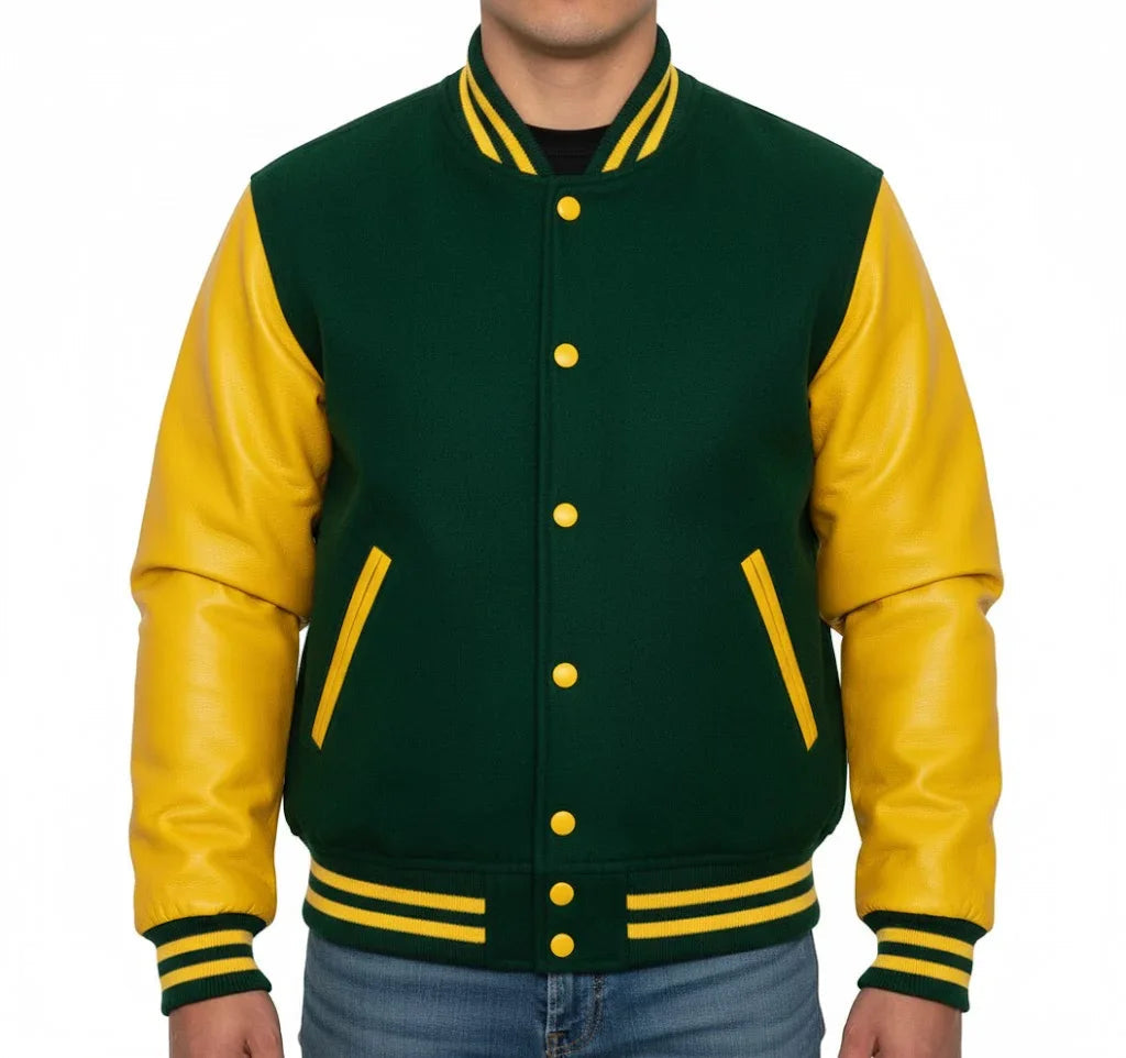 Varsity Bomber Letterman Forest Green Wool & Yellow Real Leather Sleeves Jacket