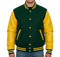 Varsity Bomber Letterman Forest Green Wool & Yellow Real Leather Sleeves Jacket