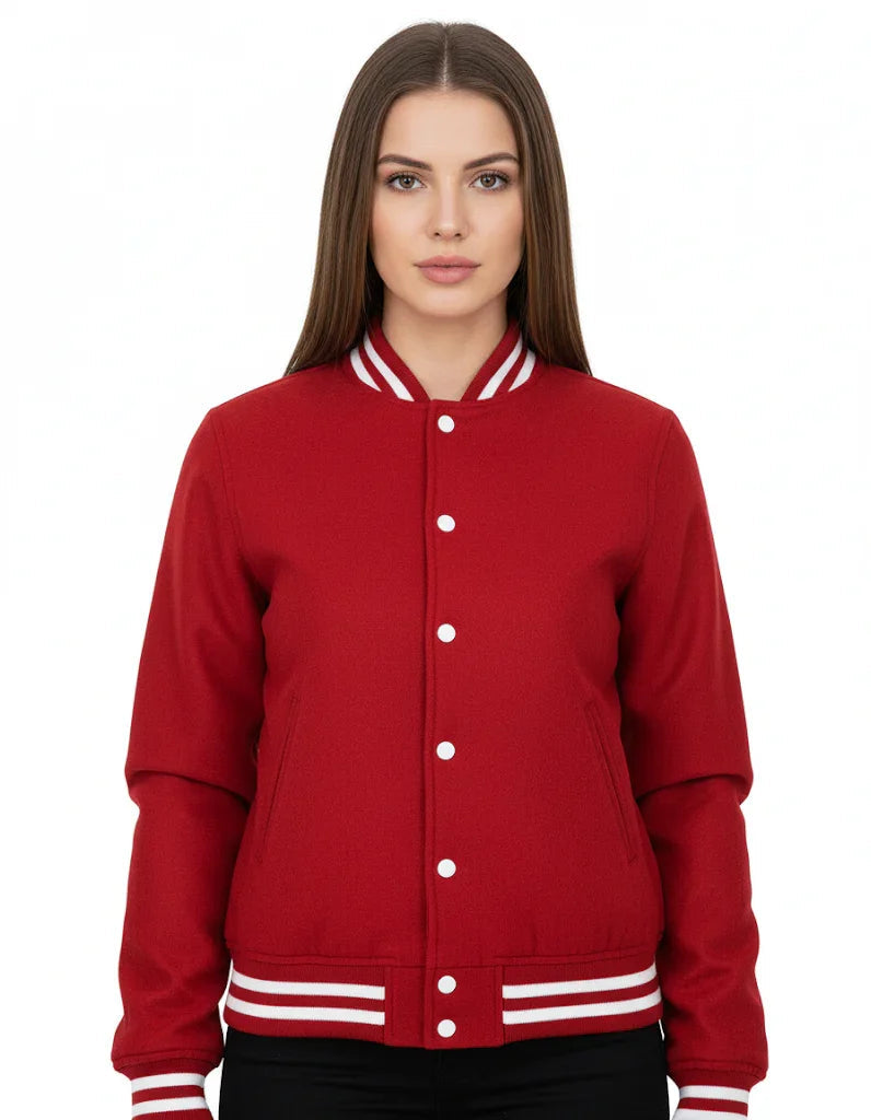 All Wool Women's Varsity Bomber Letterman Red Jacket