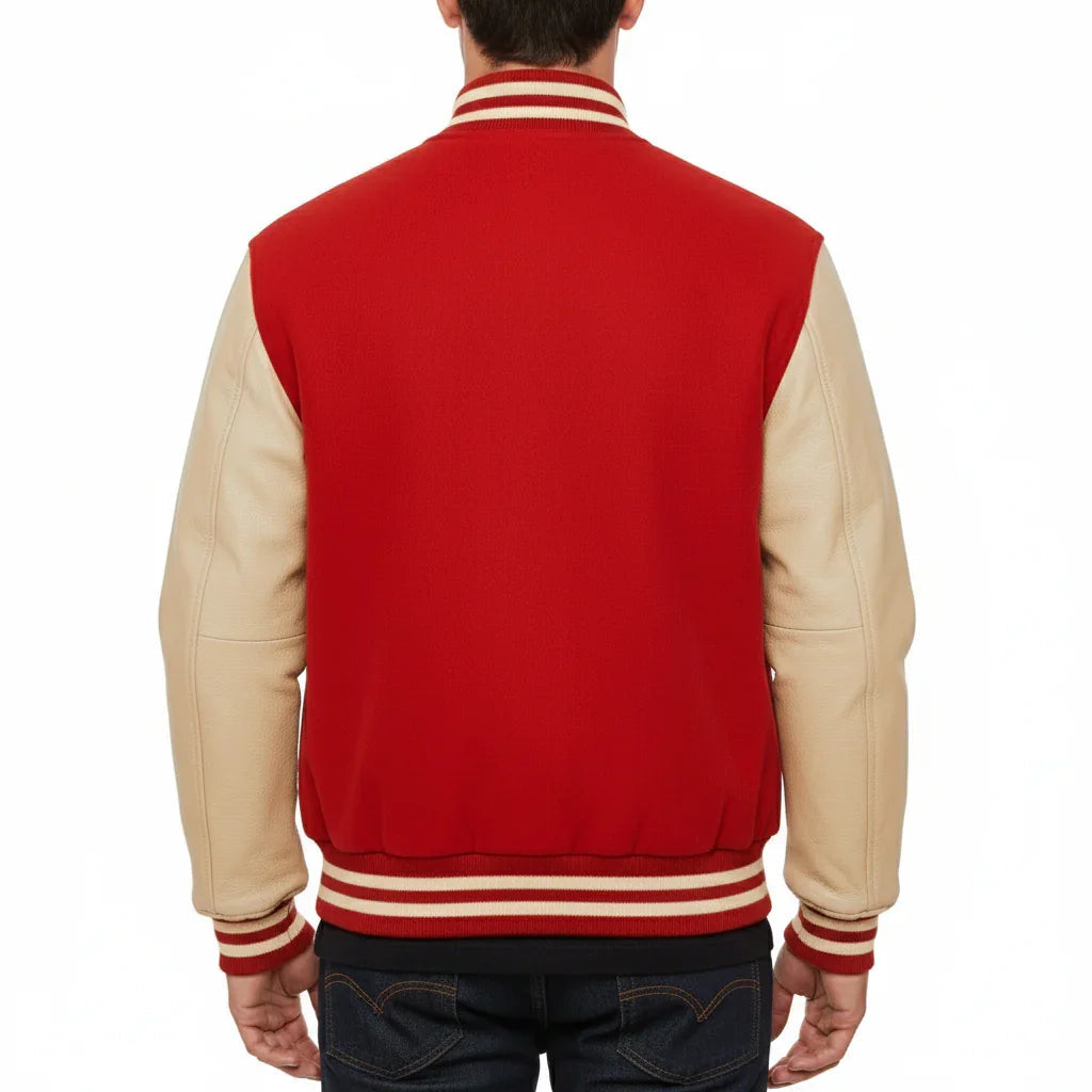 Varsity Bomber Letterman Red Wool & Cream Real Leather Sleeves Jacket