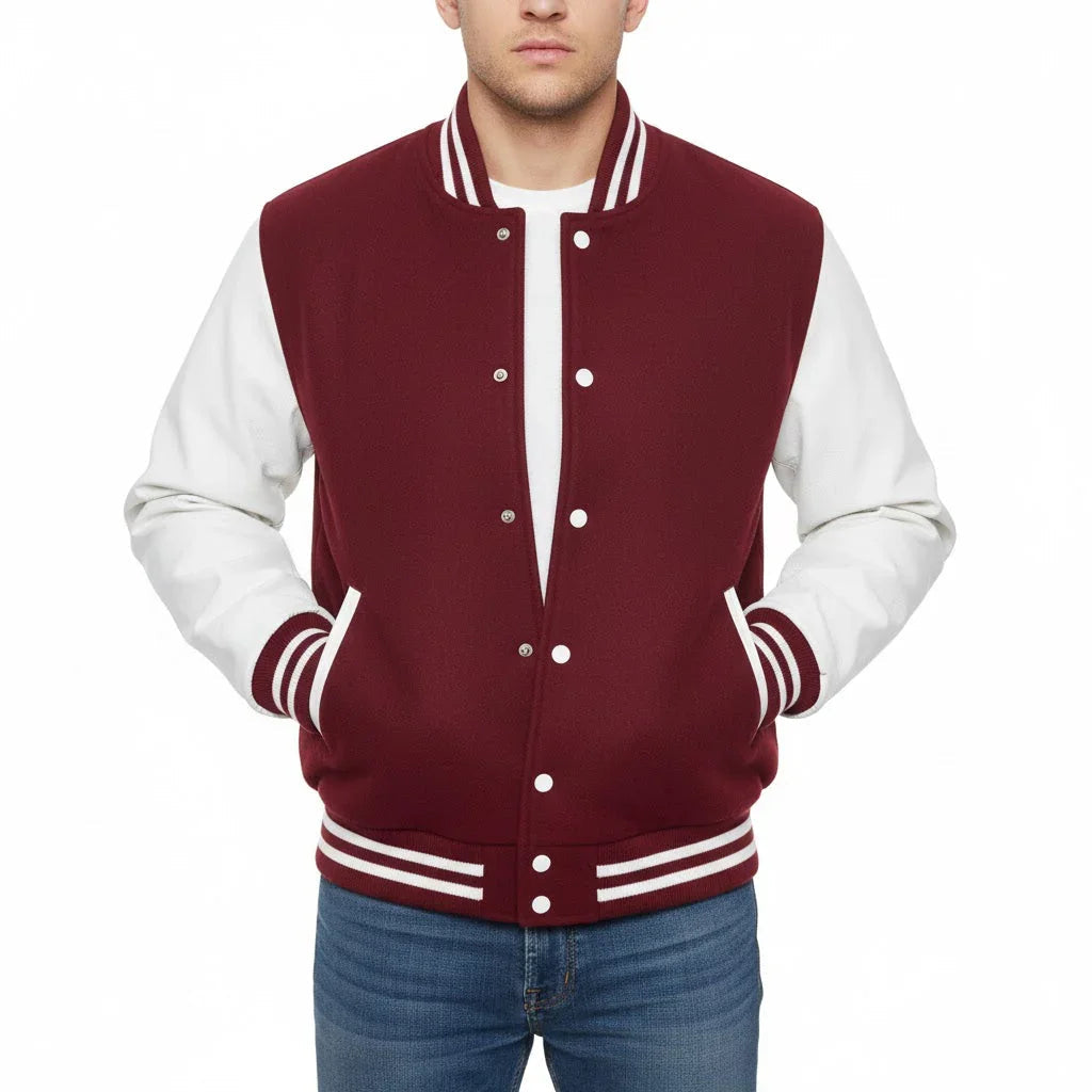 Varsity Bomber Letterman Maroon Wool & White Real Leather Sleeves Jacket