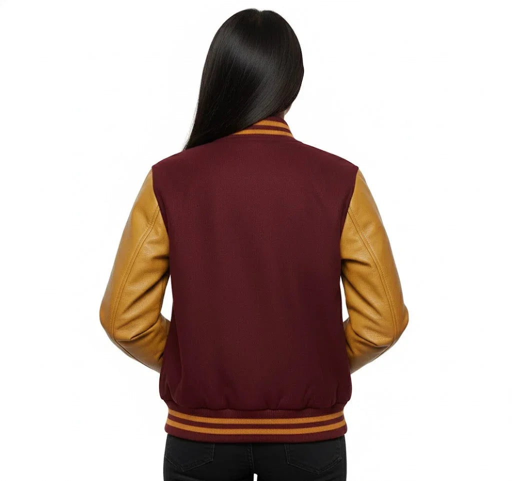Women's Varsity Bomber Letterman Maroon Wool & Gold Real Leather Sleeves Jacket