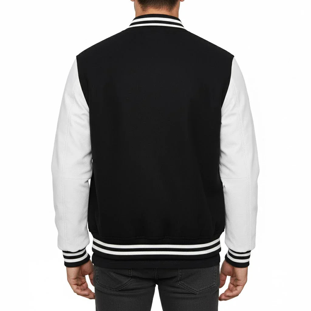 Varsity Letterman Black Wool & White Real Leather Sleeves Bomber Jacket