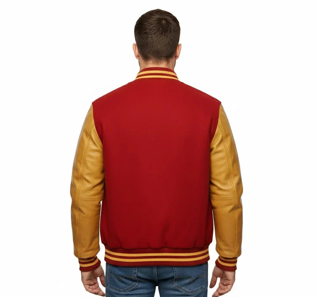 Varsity Bomber Letterman Red Wool & Gold Real Leather Sleeves Jacket