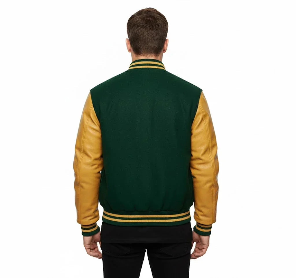Varsity Bomber Letterman Forest Green Wool & Gold Real Leather Sleeves Jacket