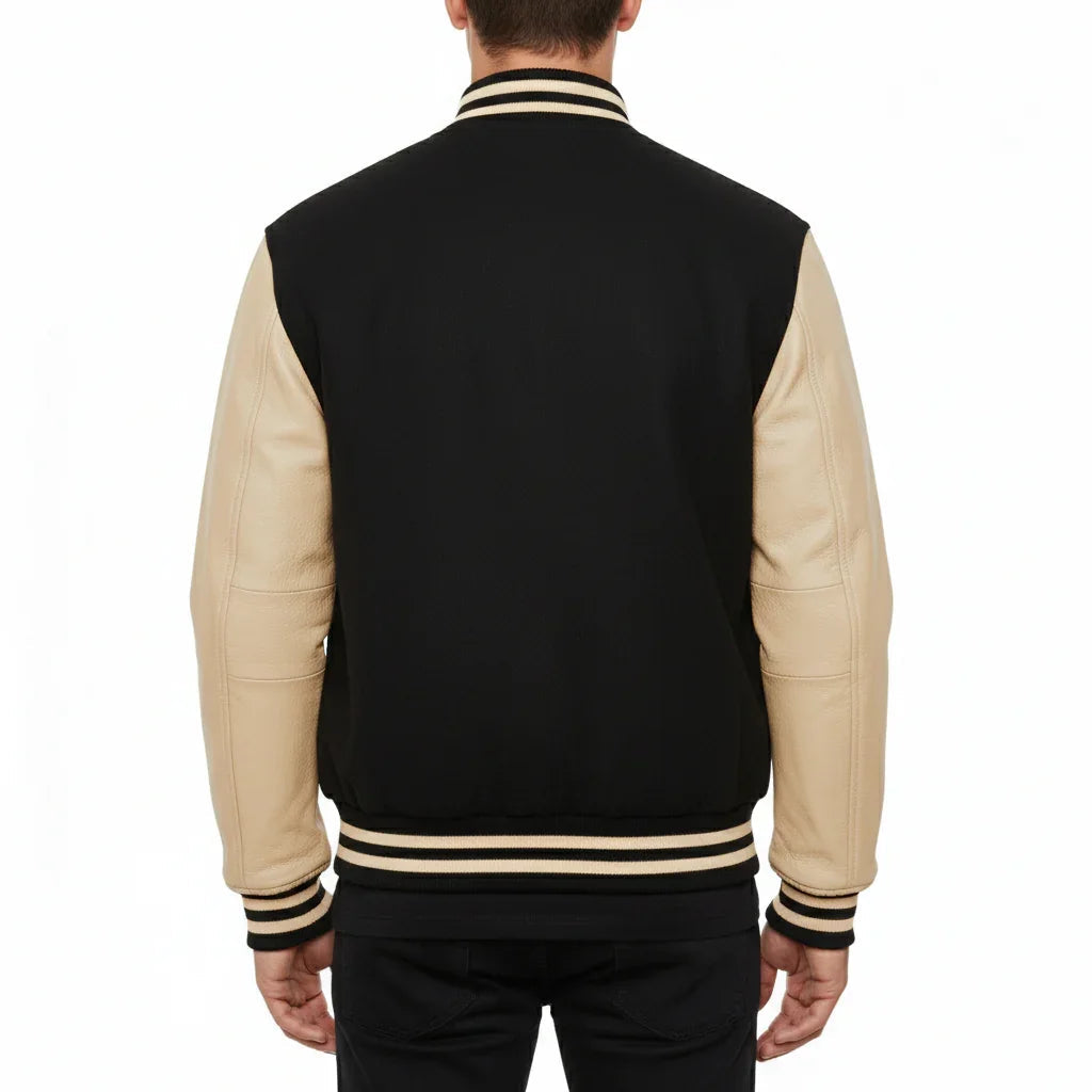 Varsity Bomber Letterman Black Wool & Cream Real Leather Sleeves Jacket