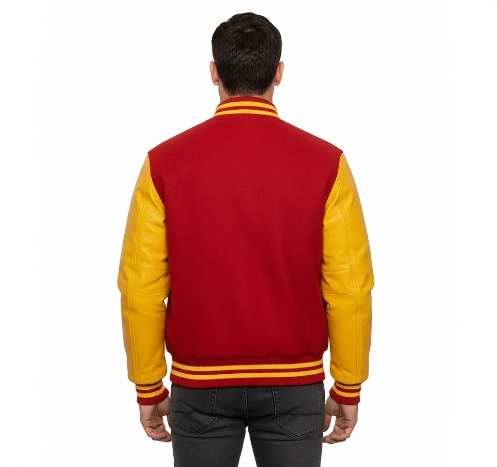 Varsity Bomber Letterman Red Wool & Yellow Real Leather Sleeves Jacket