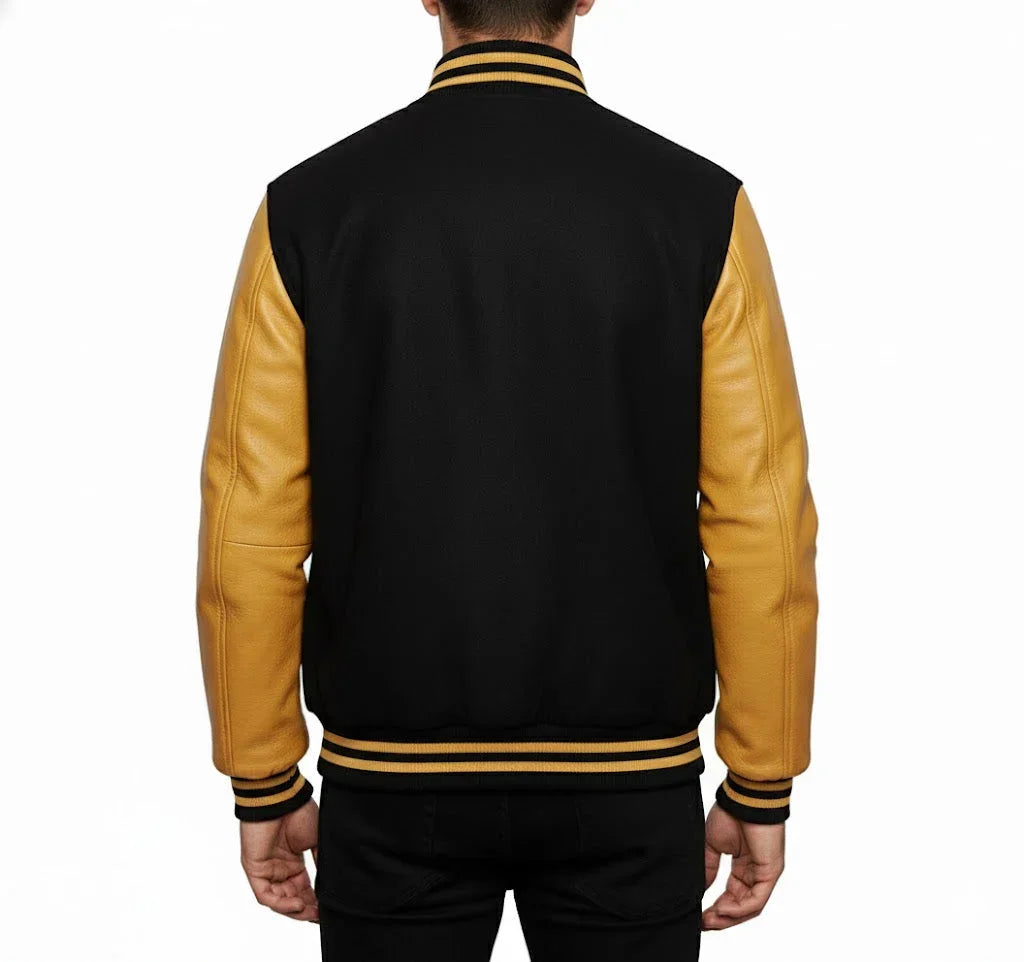 Varsity Bomber Letterman Black Wool & Gold Real Leather Sleeves Jacket
