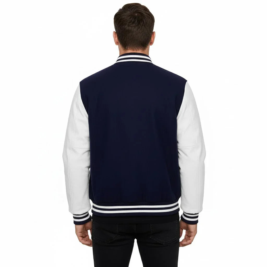 Varsity Bomber Letterman Navy Wool & White Real Leather Sleeves Jacket
