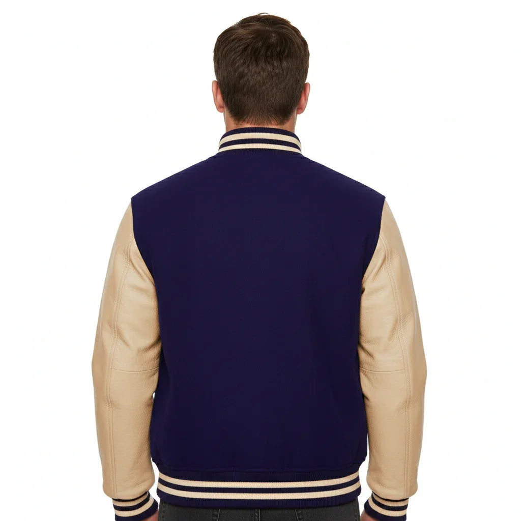 Varsity Bomber Letterman Navy Wool & Cream Real Leather Sleeves Jacket