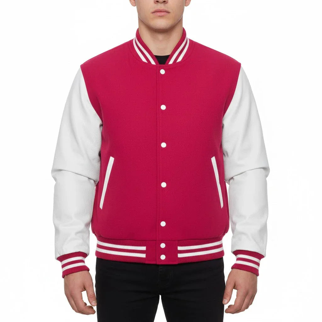 Varsity Bomber Letterman Hot Pink Wool & White Real Leather Sleeves Jacket