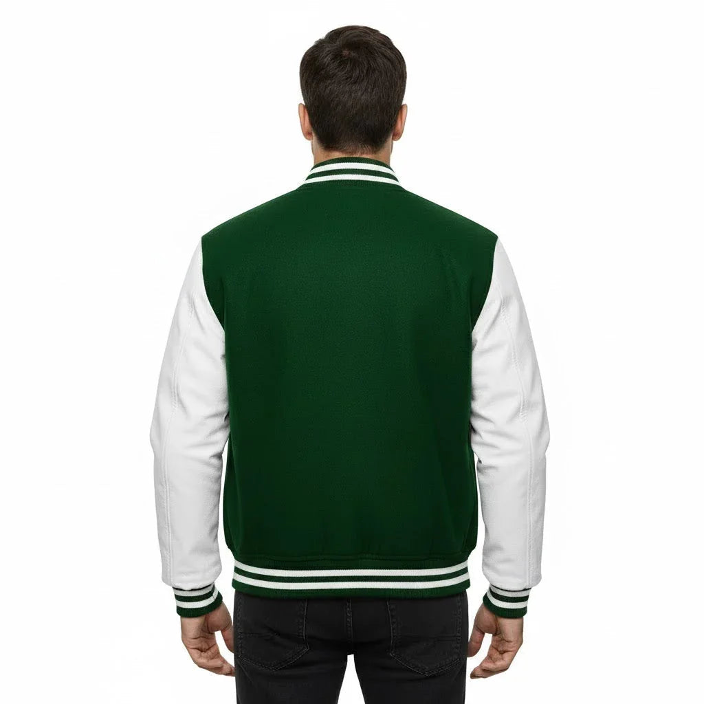 Varsity Bomber Letterman Forest Green Wool & White Real Leather Sleeves Jacket