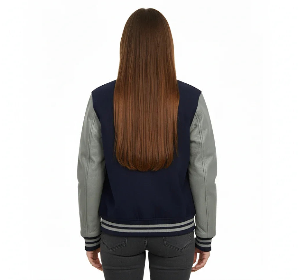 Women's Varsity Bomber Letterman Navy Wool & Gray Real Leather Sleeves Jacket