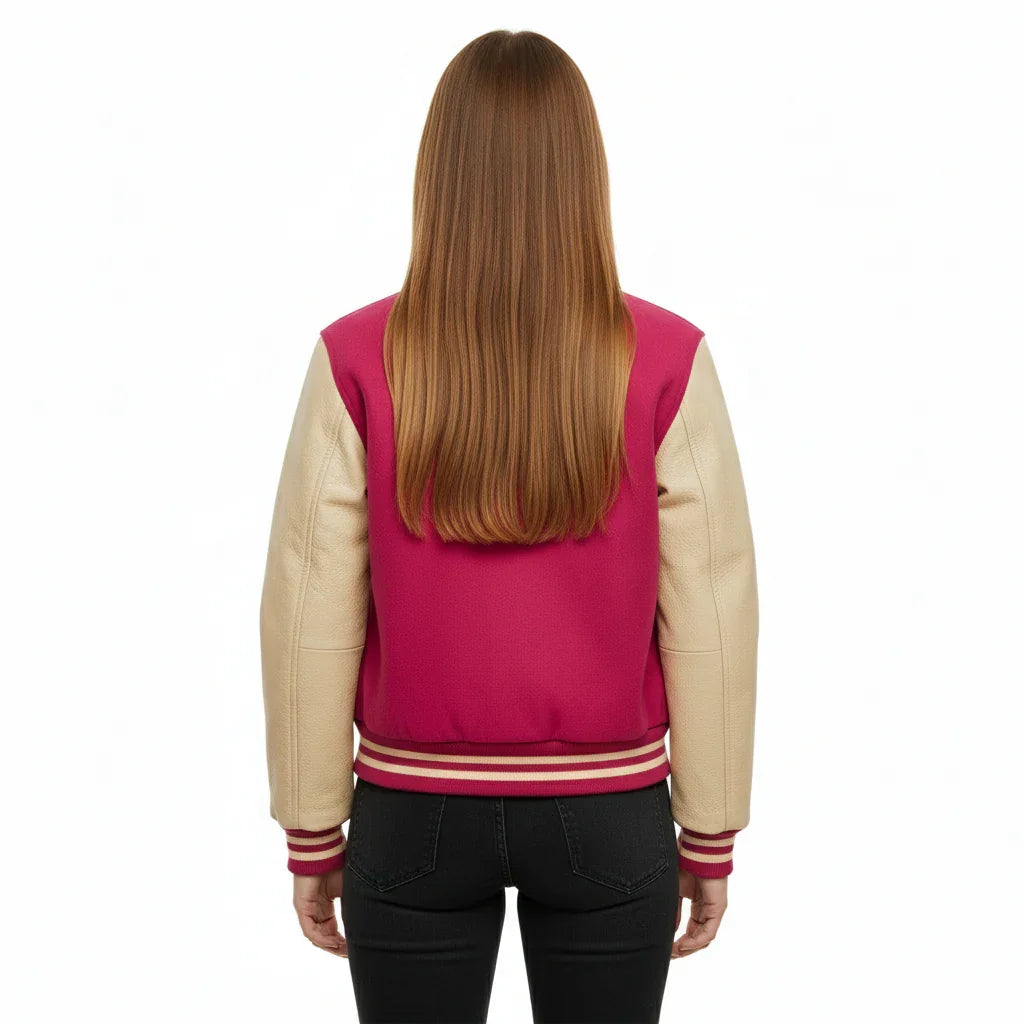 Women's Varsity Bomber Letterman Hot Pink Wool & Cream Real Leather Sleeves Jacket