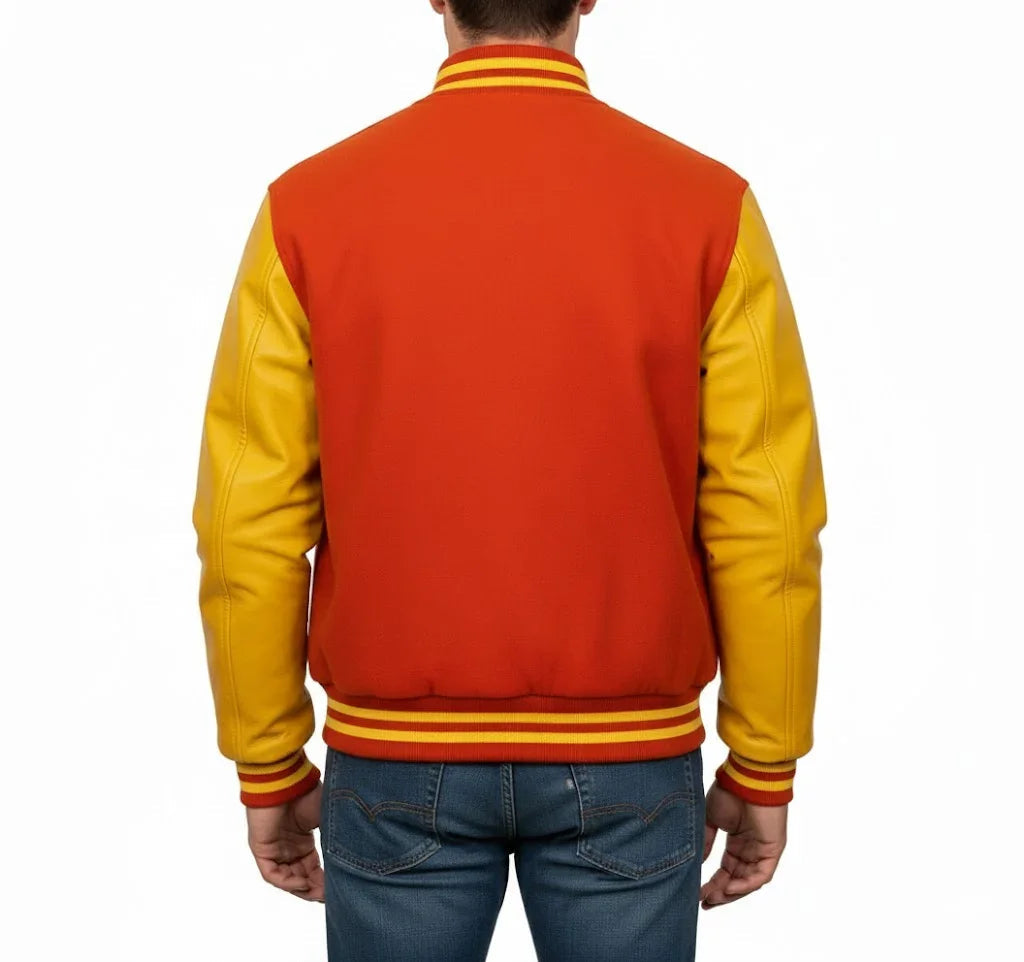 Varsity Bomber Letterman Orange Wool & Yellow Real Leather Sleeves Jacket