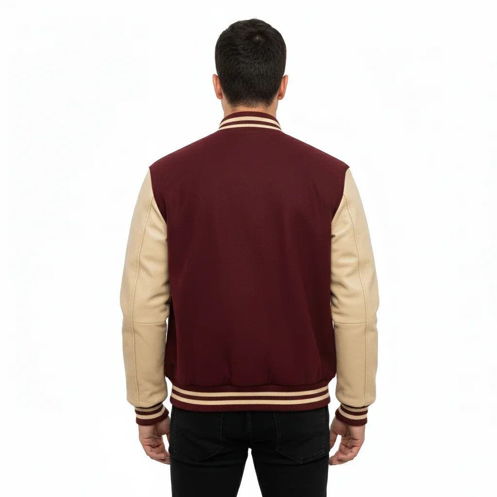 Varsity Bomber Letterman Maroon Wool & Cream Real Leather Sleeves Jacket