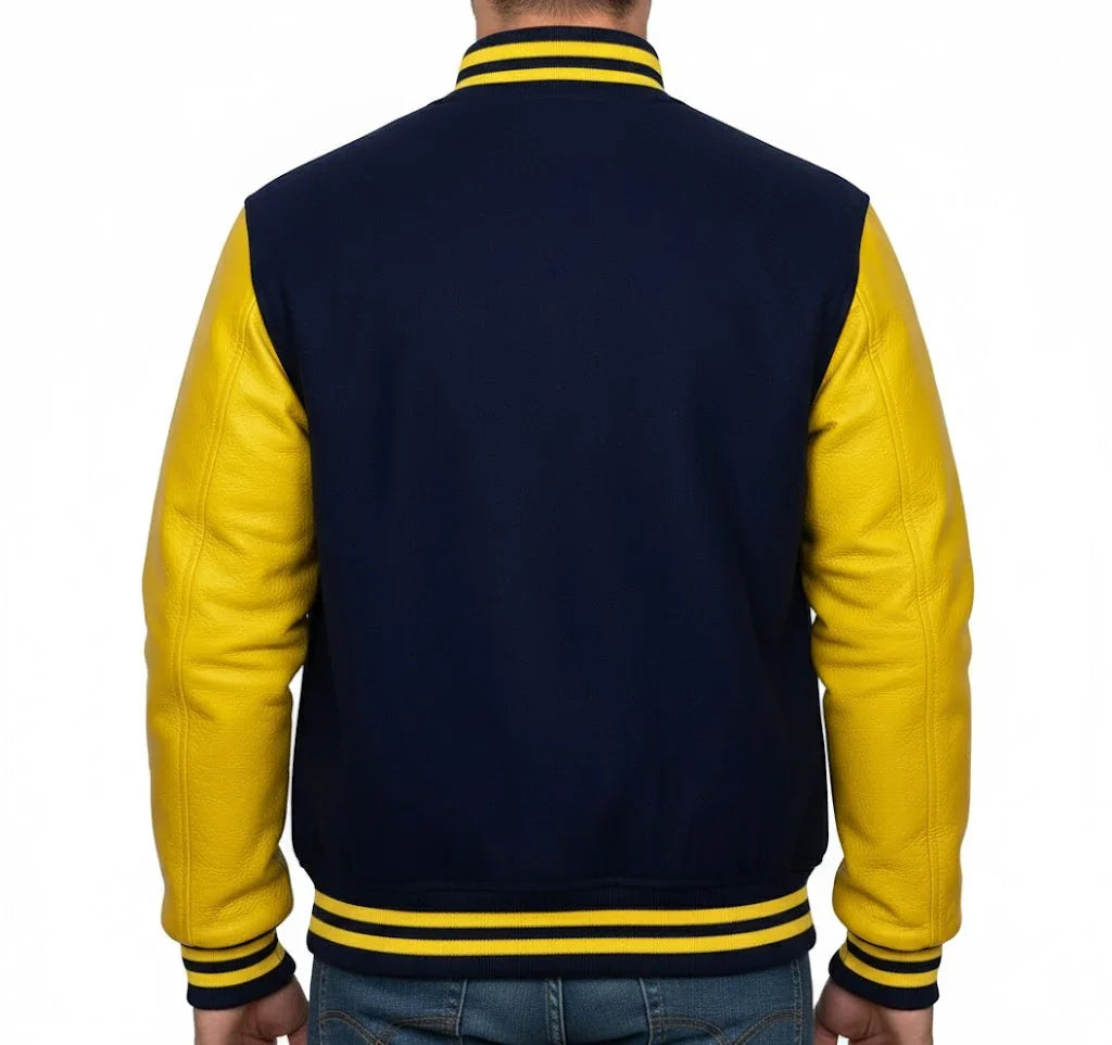 Varsity Bomber Letterman Navy Wool & Yellow Real Leather Sleeves Jacket