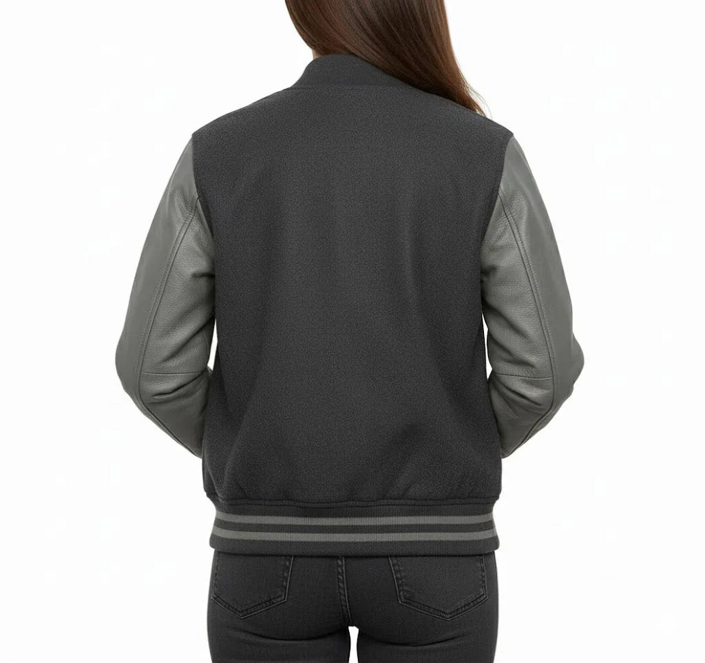 Women's Varsity Bomber Letterman Dark Grey Wool & Gray Real Leather Sleeves Jacket