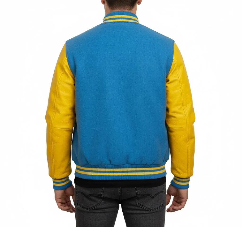 Varsity Bomber Letterman Sky Wool & Yellow Real Leather Sleeves Jacket