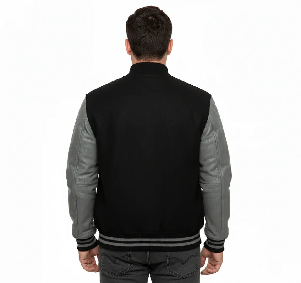 Varsity Bomber Letterman Black Wool & Gray Real Leather Sleeves Jacket