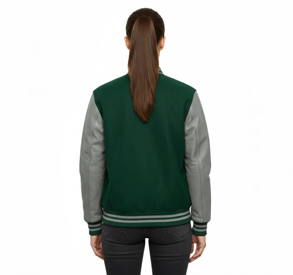 Women's Varsity Bomber Letterman Forest Green Wool & Gray Real Leather Sleeves Jacket