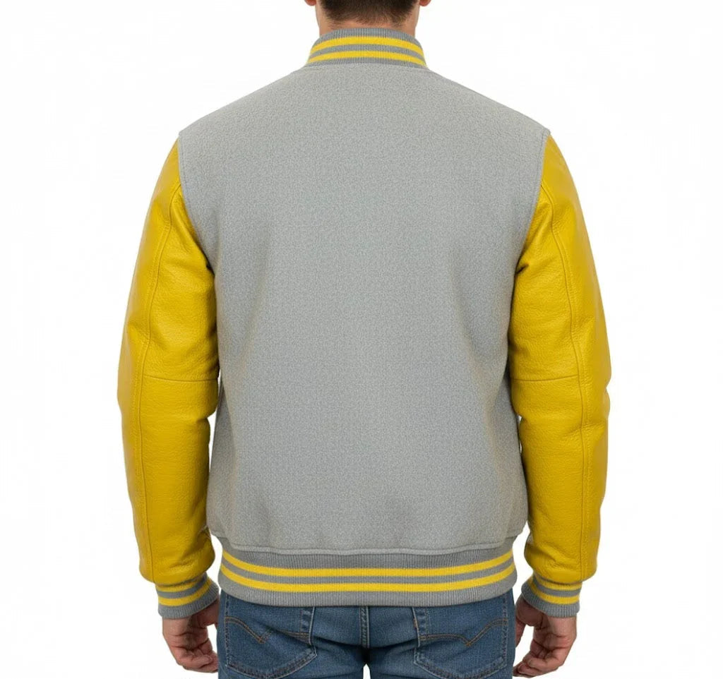 Varsity Bomber Letterman Lt.Gray Wool & Yellow Real Leather Sleeves Jacket