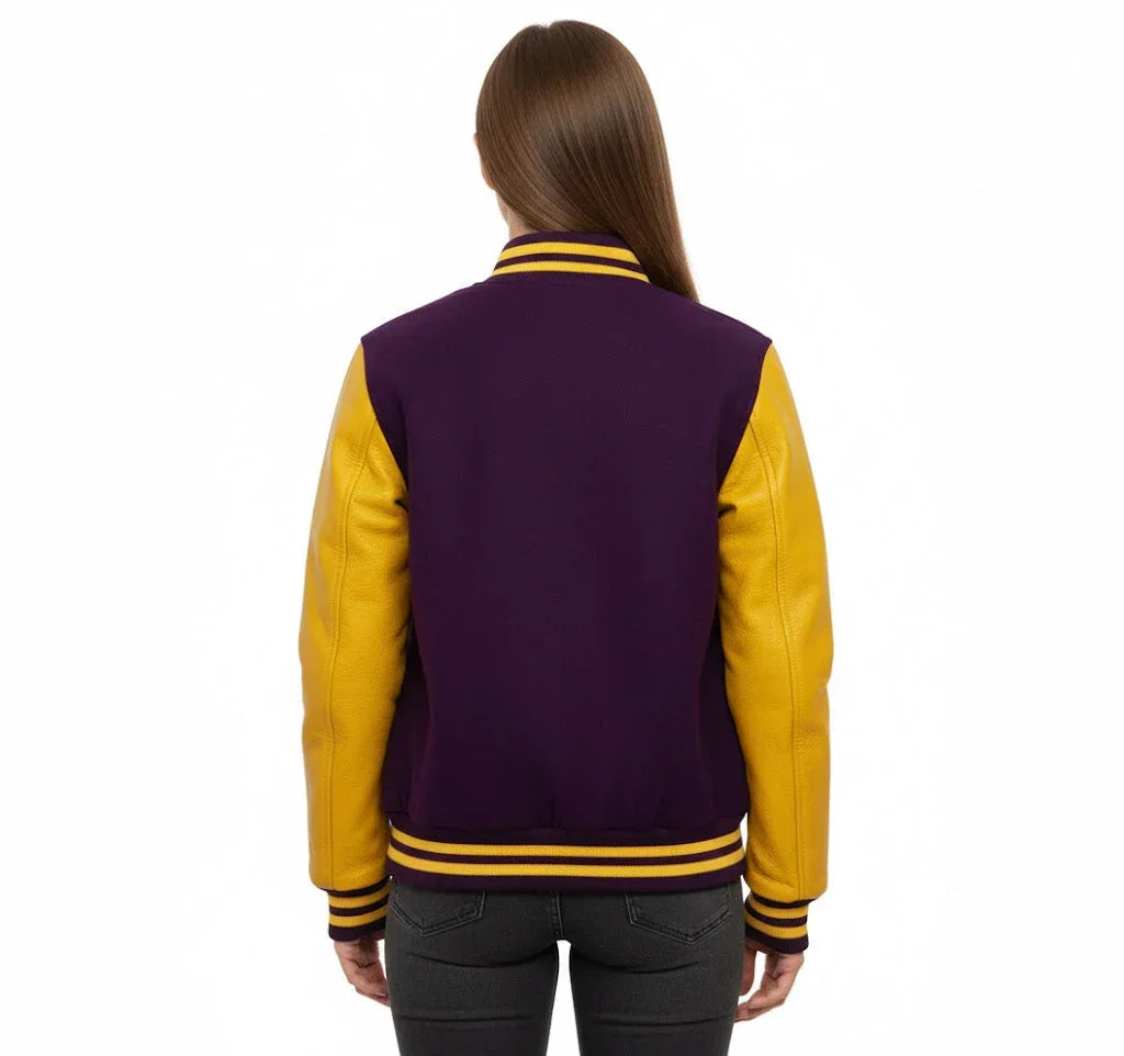 Women's Varsity Bomber Letterman Purple Wool & Yellow Real Leather Sleeves Jacket