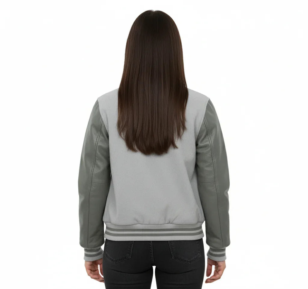 Women's Varsity Bomber Letterman Lt.Gray Wool & Gray Real Leather Sleeves Jacket