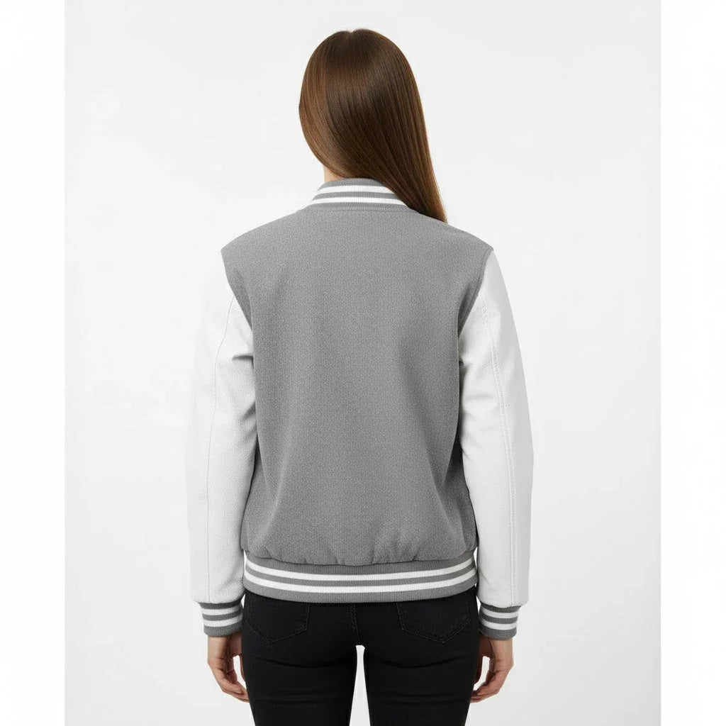 Women's Varsity Letterman Grey Wool & White Real Leather Sleeves Bomber Jacket