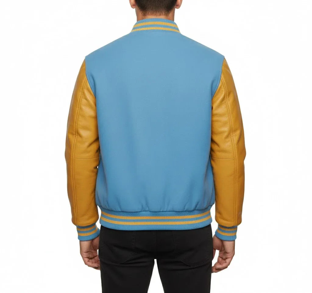 Varsity Bomber Letterman Sky Wool & Gold Real Leather Sleeves Jacket