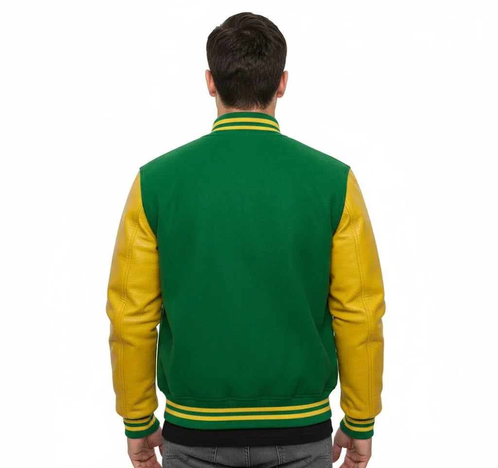 Varsity Bomber Letterman Green Wool & Yellow Real Leather Sleeves Jacket