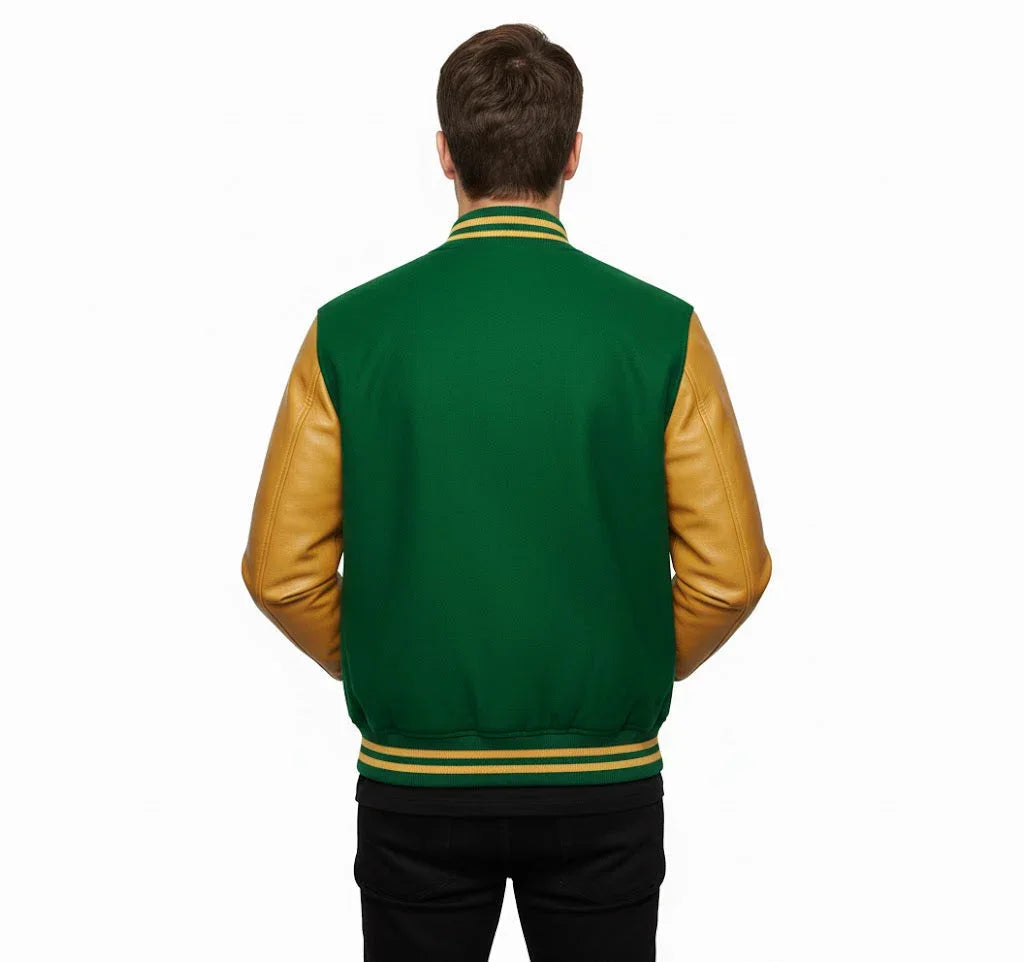 Varsity Bomber Letterman Green Wool & Gold Real Leather Sleeves Jacket