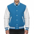 Varsity Bomber Letterman Sky Wool & White Real Leather Sleeves Jacket