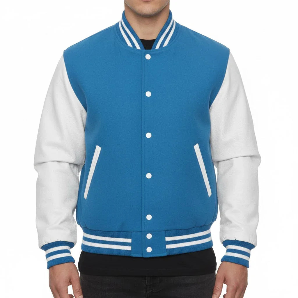 Varsity Bomber Letterman Sky Wool & White Real Leather Sleeves Jacket