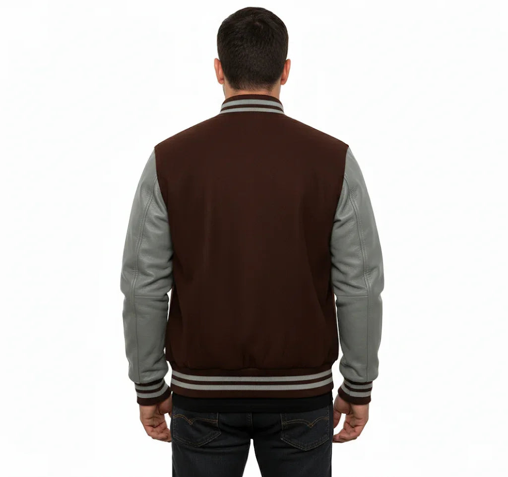 Varsity Bomber Letterman Brown Wool & Gray Real Leather Sleeves Jacket